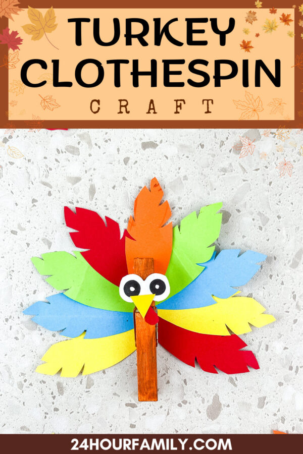 Turkey clothespin craft with text label and marble background