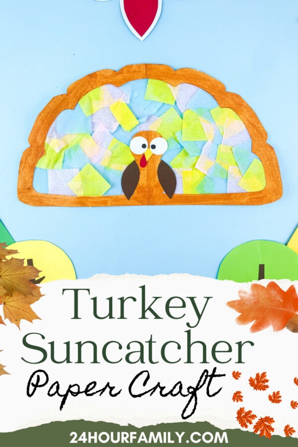 Paper turkey suncatcher with colorful tissue paper background.