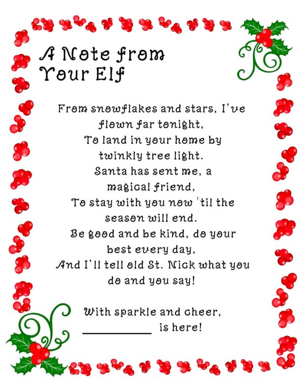 Elf on the Shelf poem letter titled “A Note from Your Elf” with holly berry border.