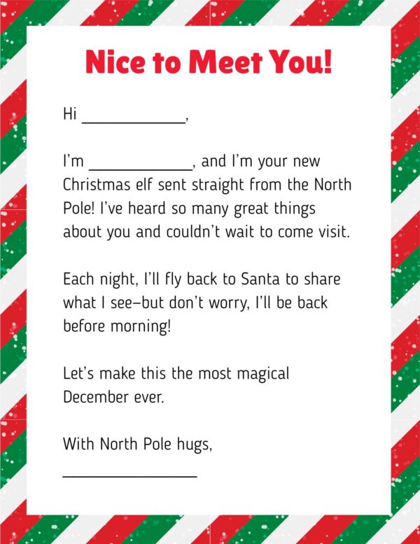 Elf on the Shelf letter titled “Nice to Meet You!” with candy cane striped border.