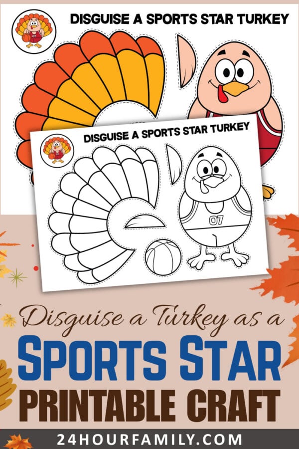 Sports star turkey printable craft with colored and outline versions