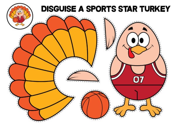 Cut and color sports star turkey template with basketball