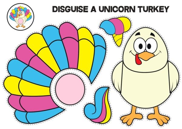 Colorful unicorn turkey disguise template with feathers, horn, and tail