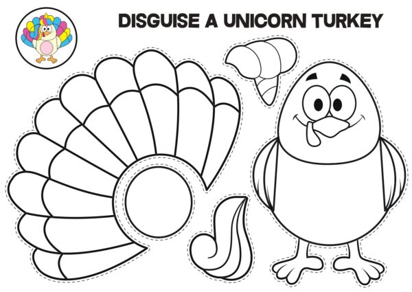 Black and white unicorn turkey disguise template for coloring
