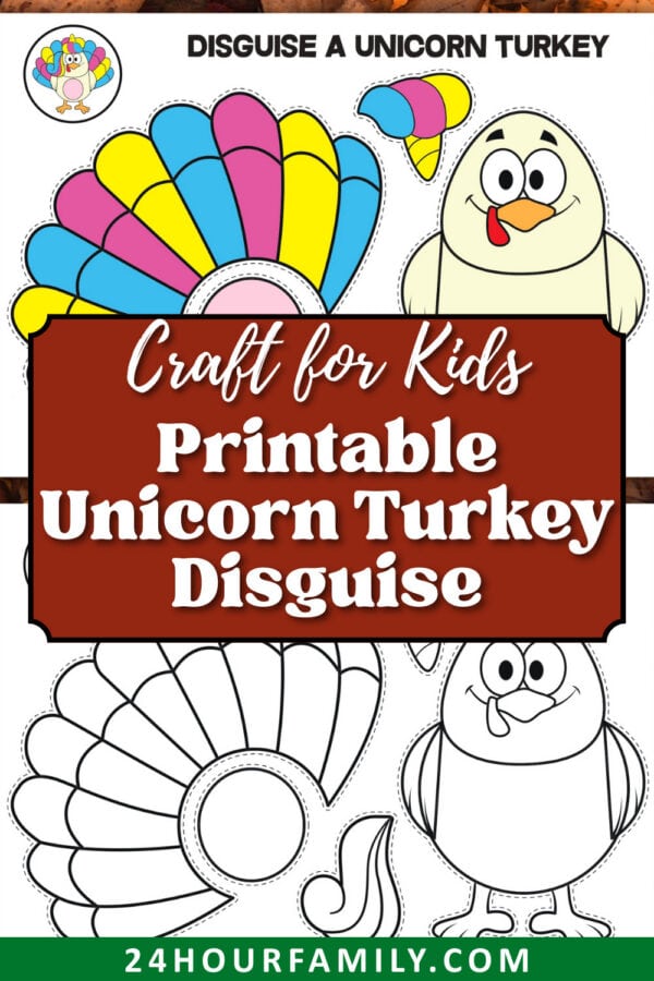 Printable unicorn turkey disguise craft for kids with cut-out pieces