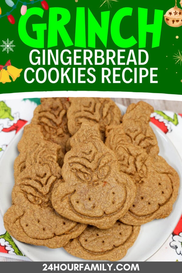 Grinch gingerbread cookies on a plate with recipe title