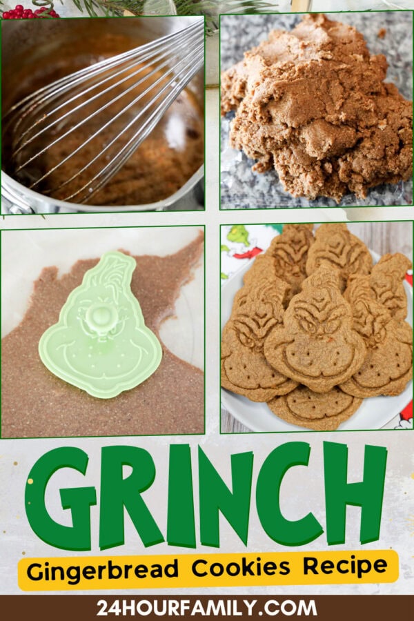 Step-by-step collage of mixing, dough, cutter, and baked cookies with Grinch recipe text