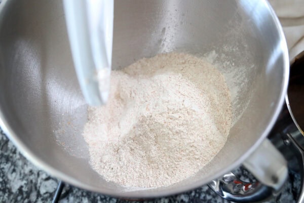 Bowl of flour mixture in stand mixer