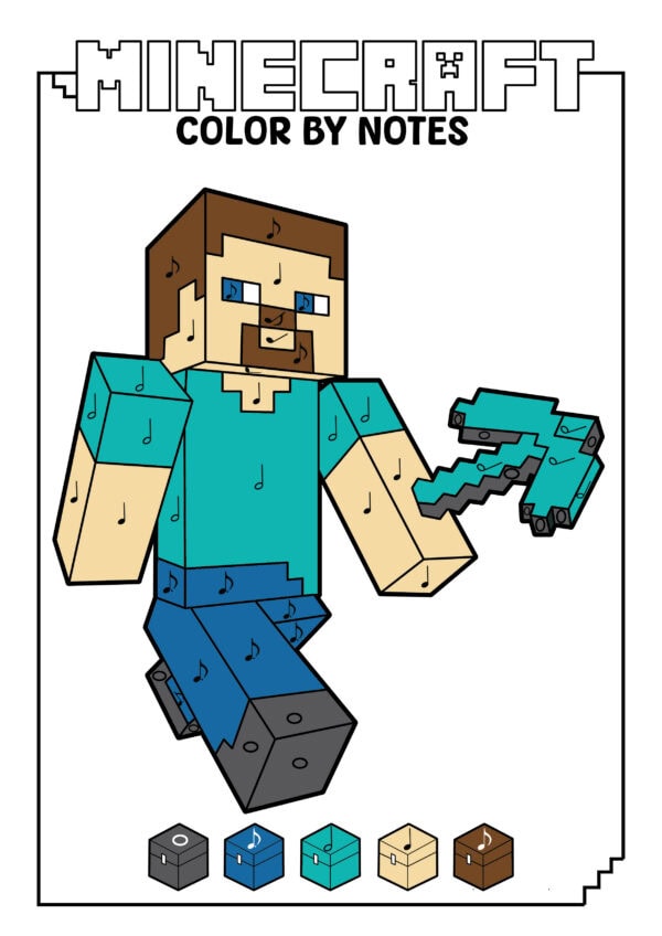 Colored Minecraft Steve holding a pickaxe with color key below