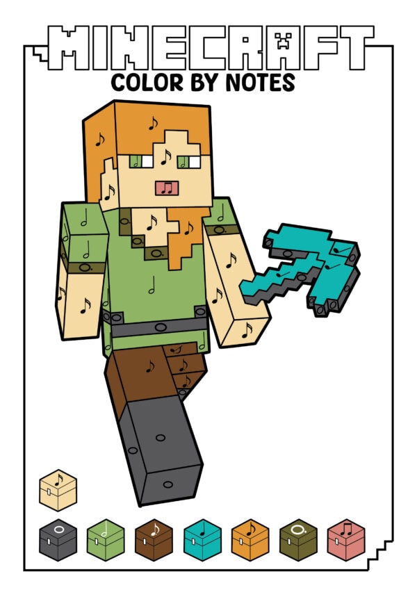 Colored Minecraft Alex holding a pickaxe with color key below