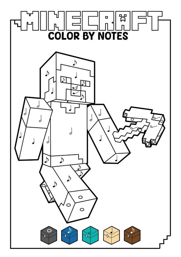 Blank Minecraft Steve color by notes worksheet with pickaxe