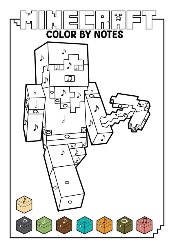 Blank Minecraft Alex color by notes worksheet with pickaxe