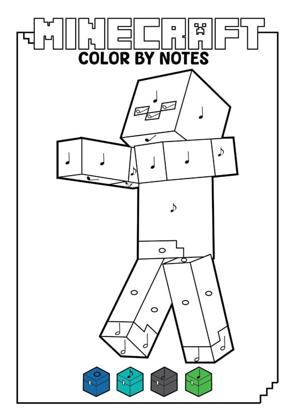 Blank Minecraft zombie color by notes worksheet