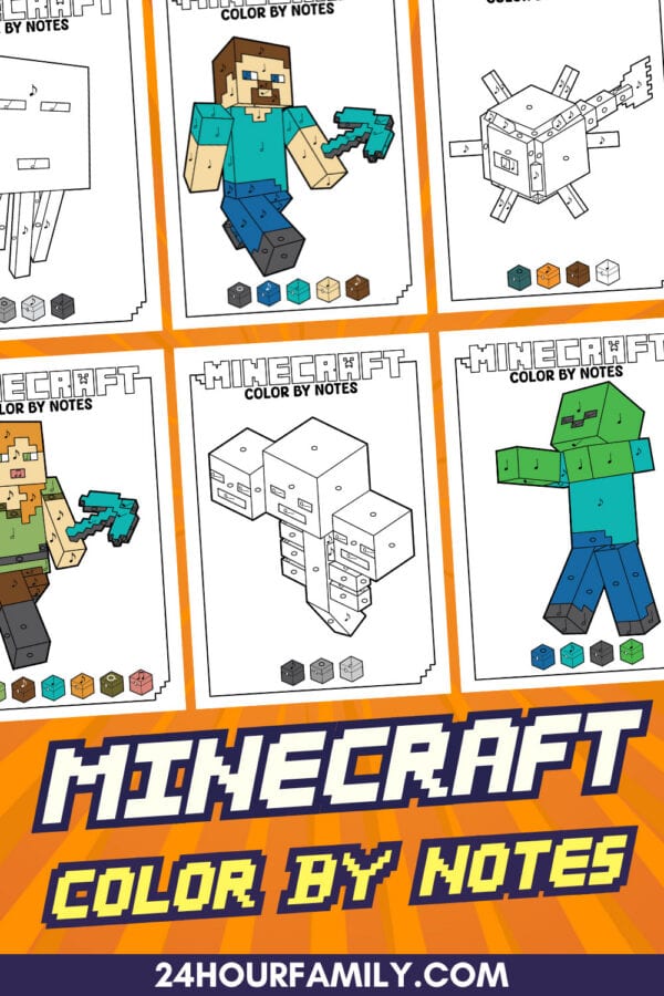 Minecraft color by notes printable set with colored and blank pages