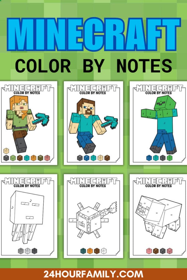Cover sheet with Minecraft color by notes worksheets featuring characters and mobs