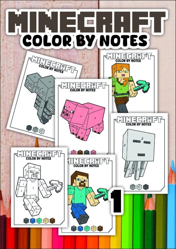Minecraft color by notes cover page with multiple characters