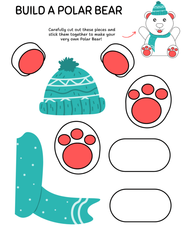 Polar bear craft cutout pieces including hat, scarf, and paws for kids to assemble.