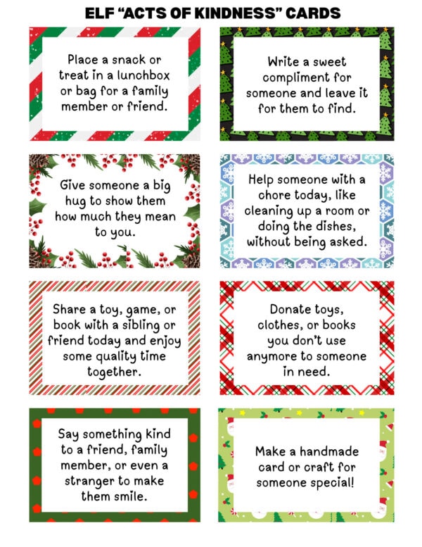 Printable Elf Kindness Cards with colorful borders and kind activity ideas.