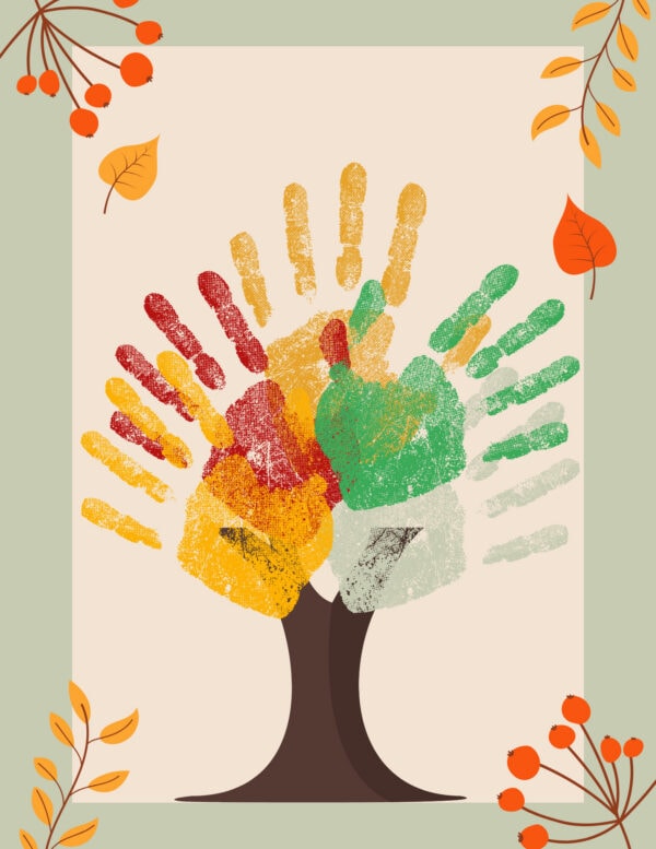 Handprint tree art with colorful fall leaves