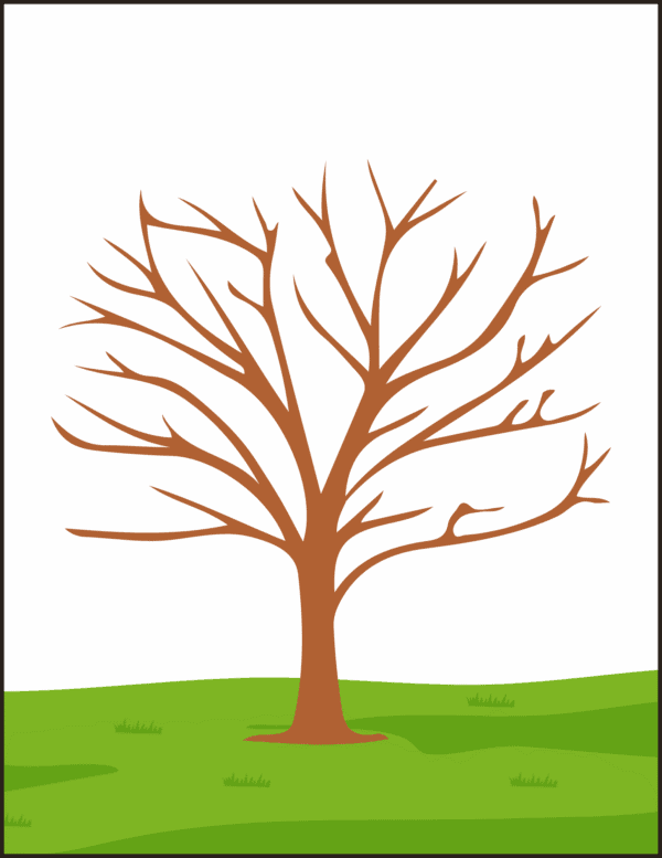Blank tree illustration with brown branches and green grass background for the Thankful Tree craft.