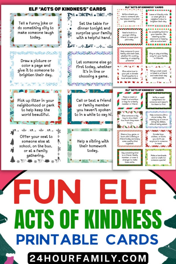 Elf Acts of Kindness Cards featuring ideas like telling jokes and helping others.
