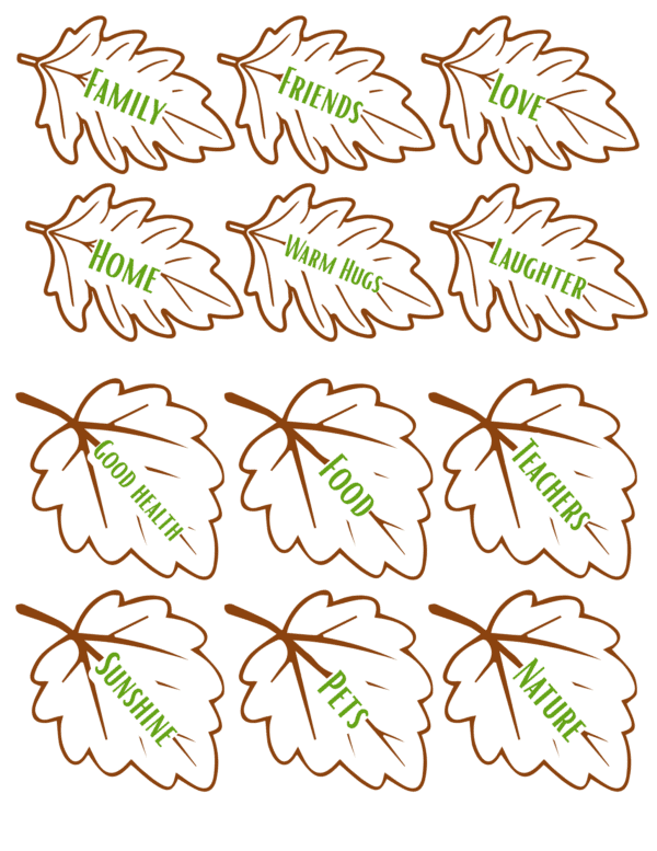 Printable leaves labeled with words like “Family,” “Friends,” and “Love” for the Thankful Tree.