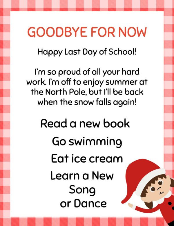 Elf goodbye note with checklist for summer activities and red checkered border