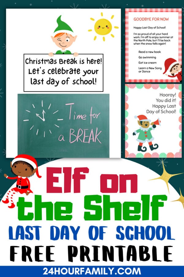 Printable set preview with elf holding sign, goodbye note, and celebration card