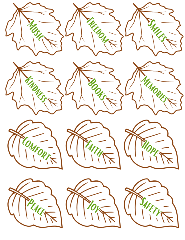 Printable leaves labeled with words such as “Music,” “Faith,” and “Joy” for the Thankful Tree.
