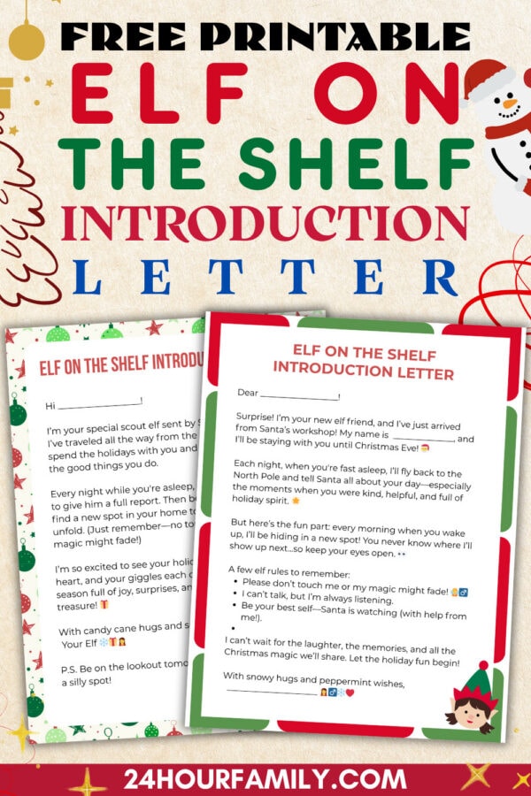 Free printable Elf on the Shelf introduction letter with bold red, green, and blue text.