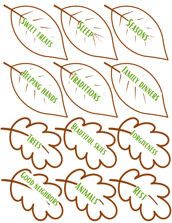 Printable leaves labeled with “Sweet Treats,” “Traditions,” and “Animals” for the Thankful Tree.