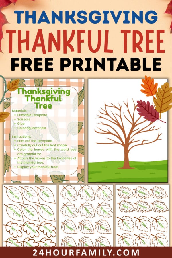 Thanksgiving Thankful Tree printable set showing the tree, instruction card, and various leaf templates.