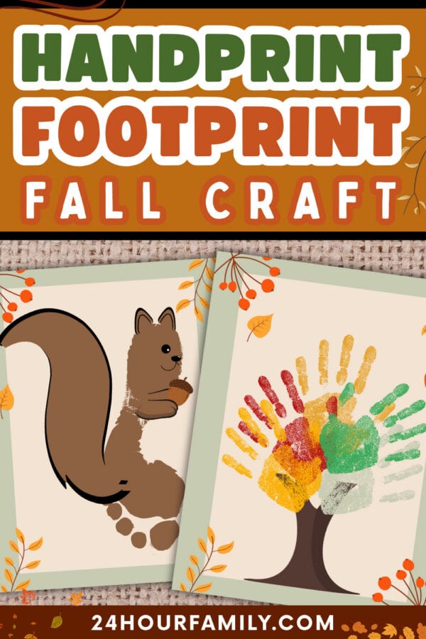 Fall handprint and footprint craft featuring a squirrel and handprint tree