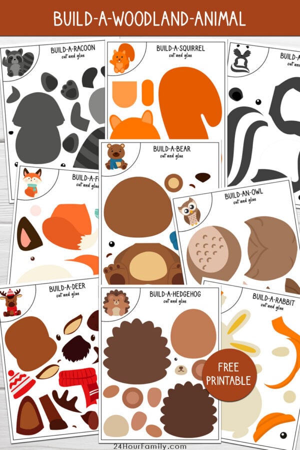 Build-a-woodland-animal printable set with raccoon, squirrel, bear, owl, deer, hedgehog, rabbit, and fox.