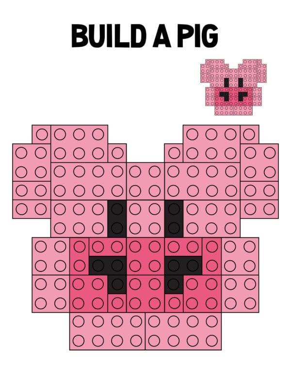 Lego pig design in pink blocks with black details