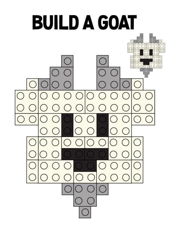 Lego goat design in white and gray blocks with black details