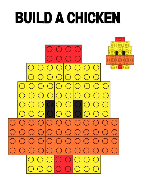 Lego chicken design in yellow, orange, and red blocks