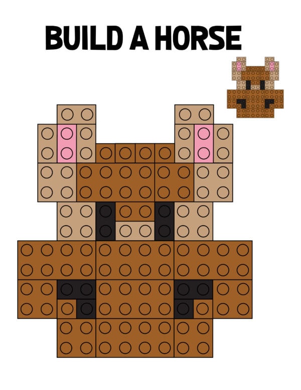 Lego horse design in brown and pink blocks with black details