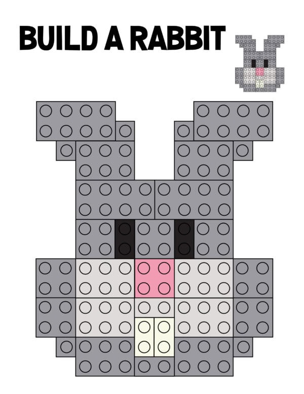 Lego rabbit design in gray and pink blocks with black details