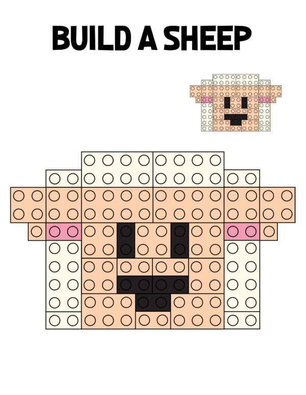 Lego sheep design in cream and pink blocks with black details