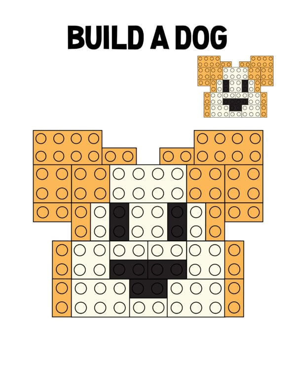 Lego dog design in orange, white, and black blocks