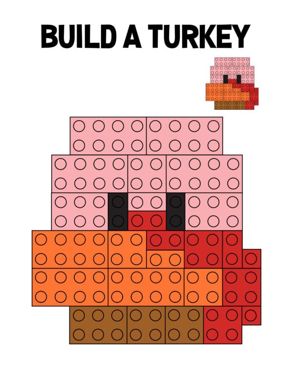 Lego turkey design in pink, orange, red, and brown blocks