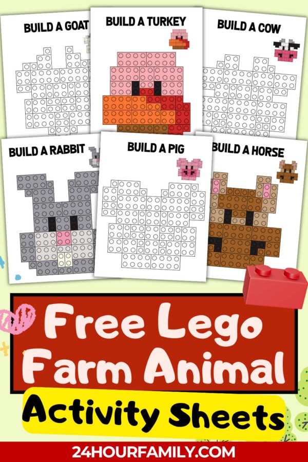 Free Lego farm animal activity sheets with goat, turkey, cow, rabbit, pig, and horse