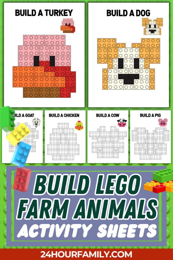 Build Lego farm animals activity sheets with turkey, dog, goat, chicken, cow, and pig designs