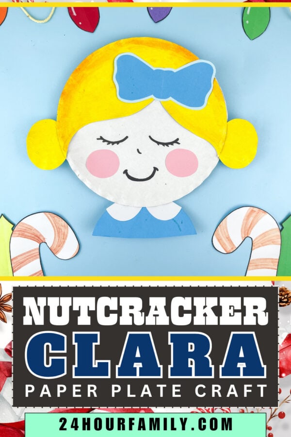 Finished Clara paper plate craft with candy canes and lights, featuring “Nutcracker Clara Paper Plate Craft” text at the bottom.
