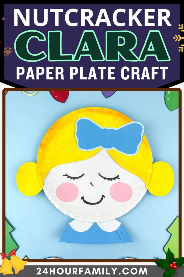 Clara paper plate craft with yellow hair and blue bow.
