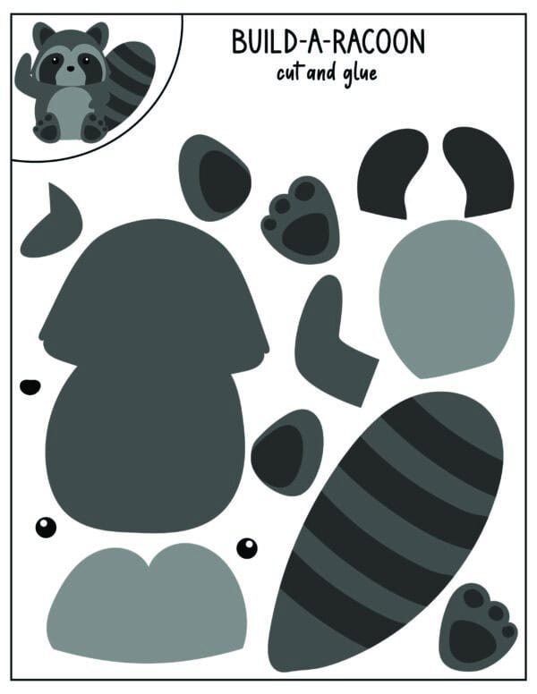 Build-a-raccoon cut and paste pieces.