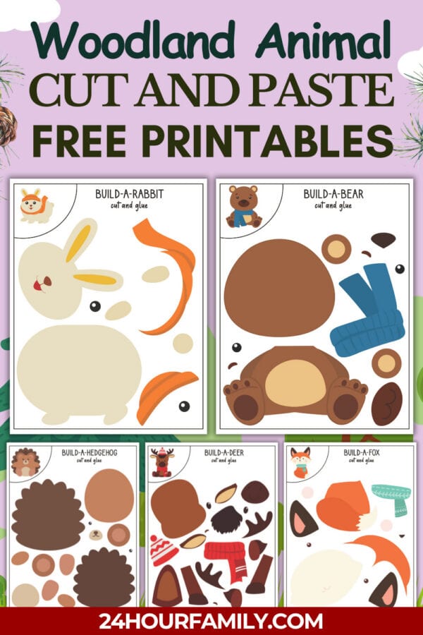Woodland animal cut and paste free printables including rabbit, bear, hedgehog, deer, and fox.
