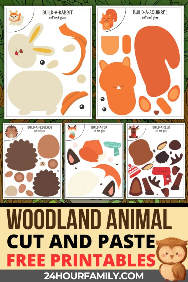 Woodland animal cut and paste free printables with rabbit, squirrel, hedgehog, fox, and deer.