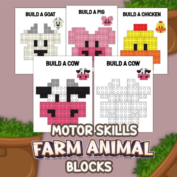 Lego farm animal block activity sheets with goat, pig, chicken, and cow designs